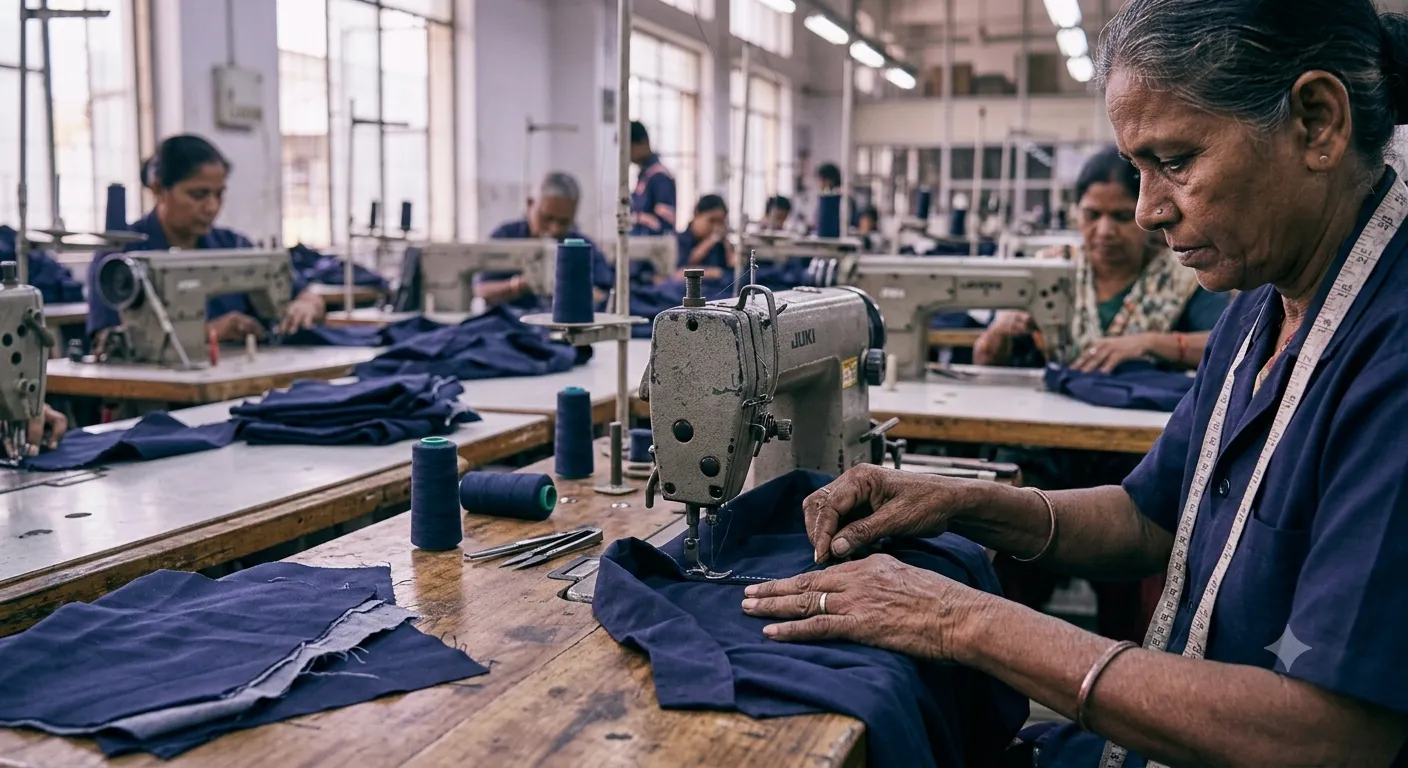 Experienced tailors stitching navy uniform shirts at industrial sewing machines in an Indian workshop
