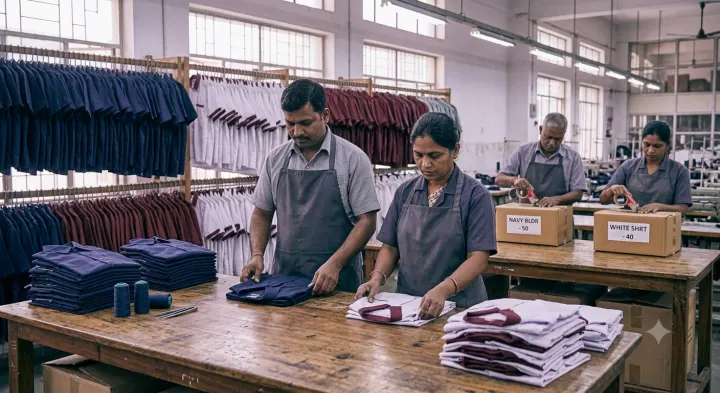 Workshop staff folding finished uniforms and packing labelled cartons for a bulk dispatch