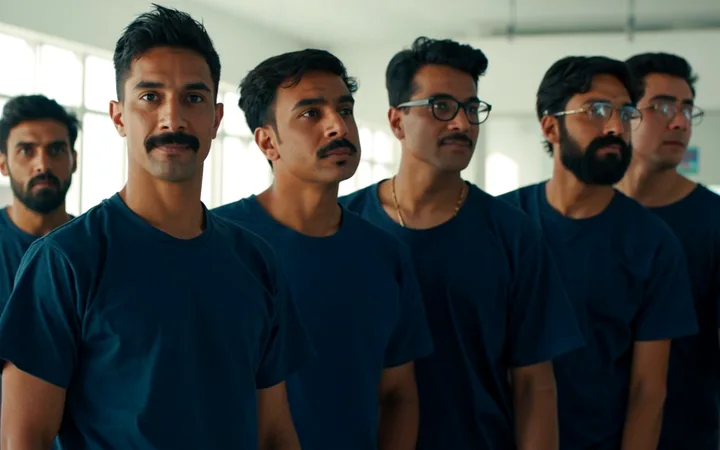 Colleagues in matching navy corporate t-shirts at an Indian workplace