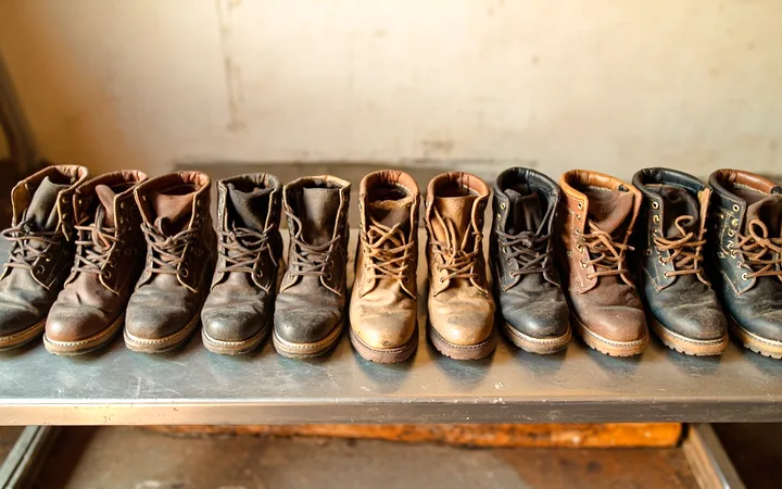 Heavy industrial safety boots laid out in pairs on a bright bench