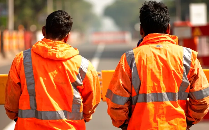 Two Indian road workers in fluorescent orange traffic safety jackets with silver reflective bands, seen from behind