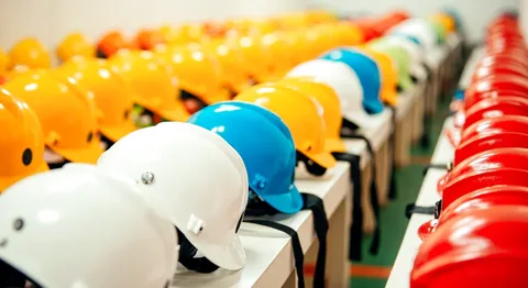 Industrial safety helmets in white, yellow, blue and red laid out in colour-sorted rows