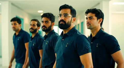 Colleagues in matching navy and charcoal polo shirts walking through an Indian workplace