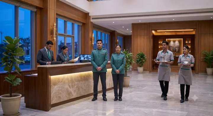Front desk, security and pantry staff in one matching corporate uniform at an Indian office reception