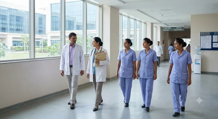 Doctors in white lab coats and nurses in matching blue uniforms walking a corridor in an Indian hospital