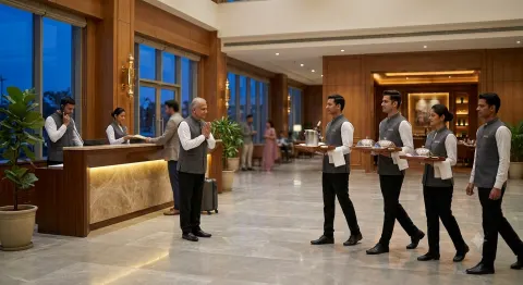 Hotel front desk and F&B staff in matching charcoal waistcoats in the lobby of an Indian hotel