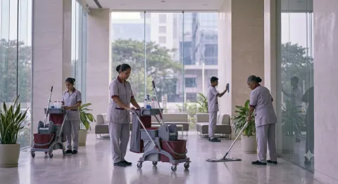 Housekeeping team in matching grey and maroon uniforms cleaning the lobby of an Indian tech park