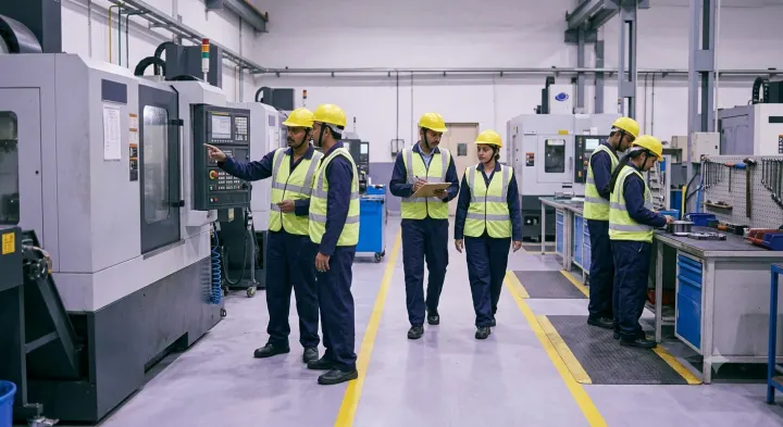 Factory workers in matching navy coveralls, high-visibility vests and safety helmets on an Indian shop floor