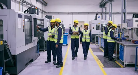 Factory workers in matching navy coveralls, high-visibility vests and safety helmets on an Indian shop floor