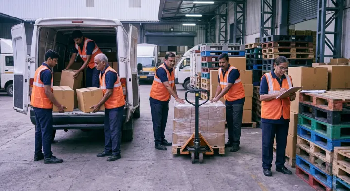 Warehouse and delivery staff in matching navy uniforms and orange high-visibility vests loading a van at an Indian logistics hub