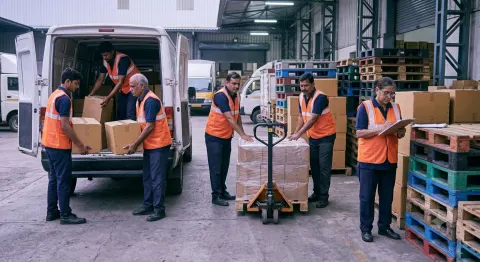 Warehouse and delivery staff in matching navy uniforms and orange high-visibility vests loading a van at an Indian logistics hub