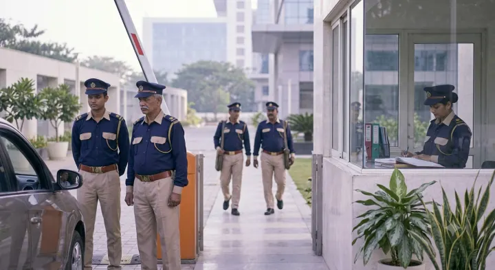 Security guards in matching khaki and navy guarding uniforms at the entrance gate of an Indian corporate campus