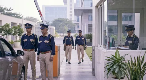 Security guards in matching khaki and navy guarding uniforms at the entrance gate of an Indian corporate campus